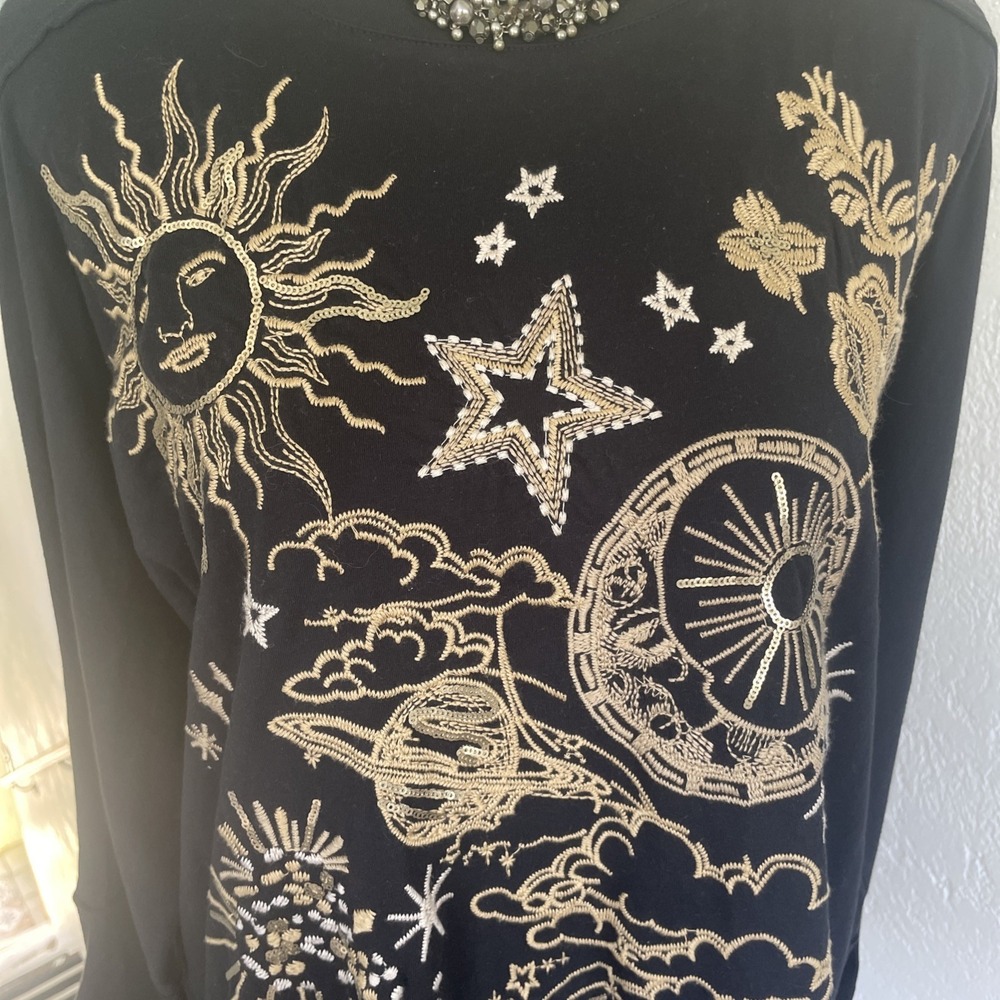 NWT Johnny Was Long Sleeve Dolman Tee Miaora Black PXL Moon Celestial Embroidery - Picture 7 of 9